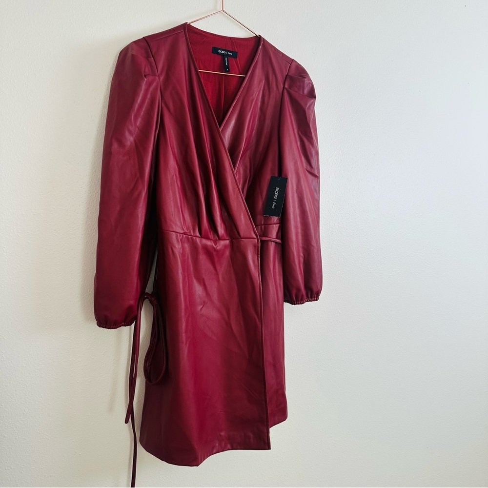 New BCBG Paris Mini Wrap Dress Bordeaux Faux Leather - Picture 6 of 11